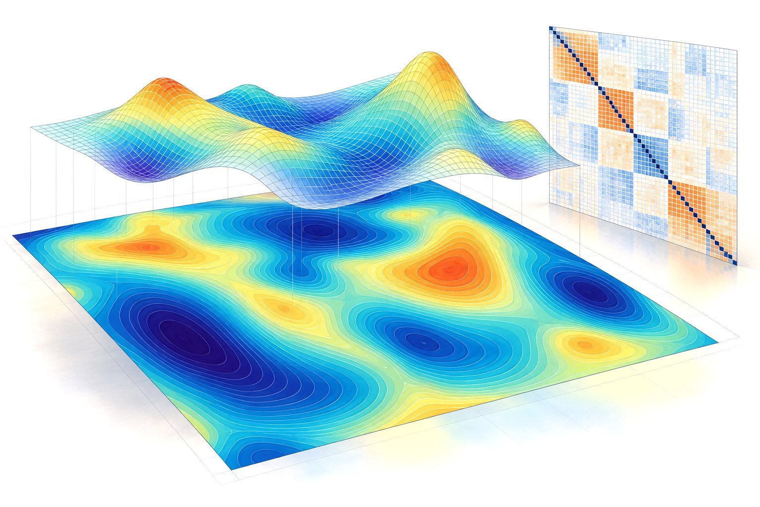Watercolor 3D response surface above its contour heat map