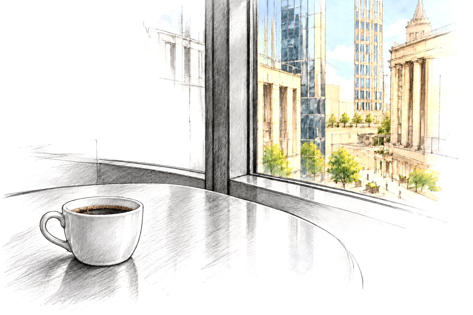 Pencil sketch of a coffee cup on a table by a window
