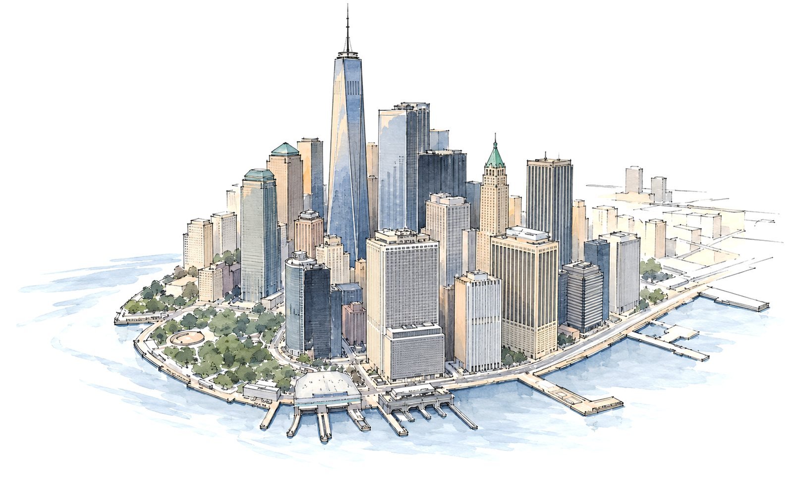Watercolor sketch of the Lower Manhattan skyline