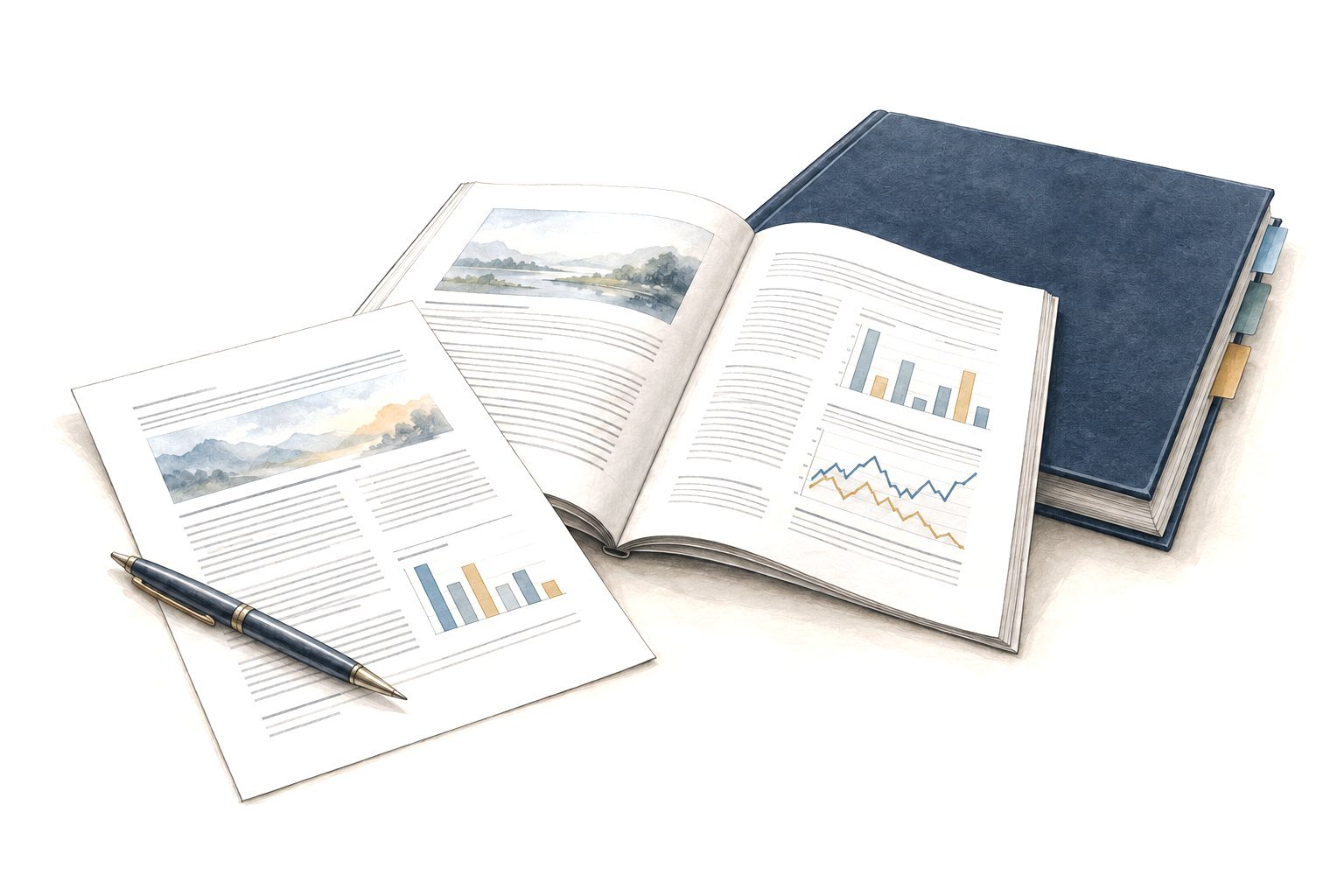 Watercolor of an open book and a printed research report