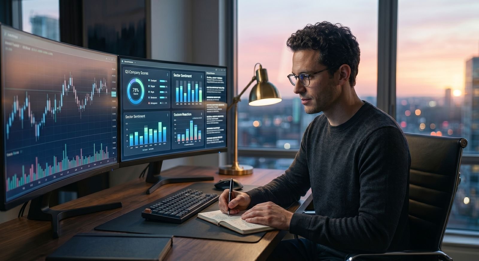 Analyst taking notes beside market data screens