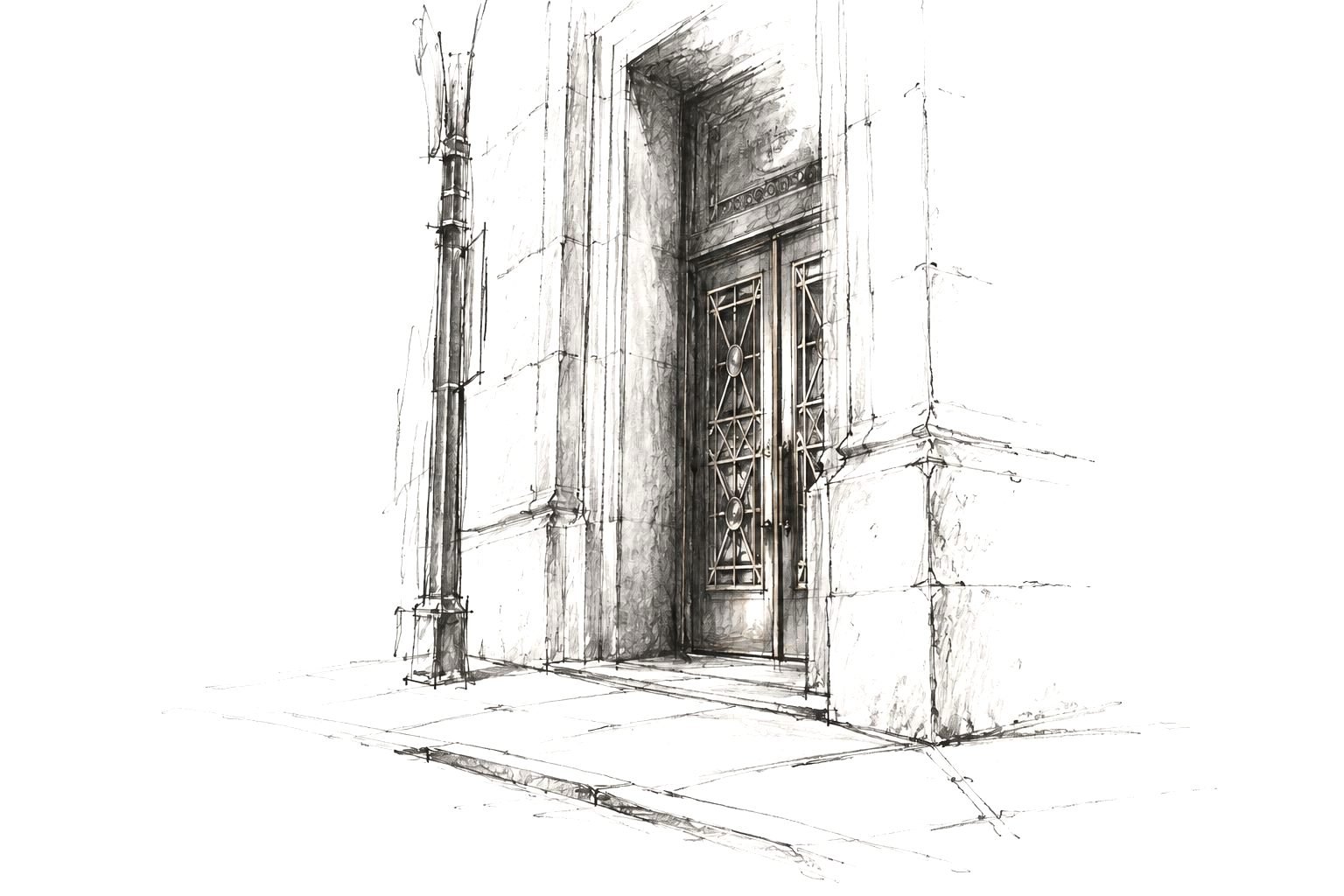 Pencil sketch of a stone facade and doorway