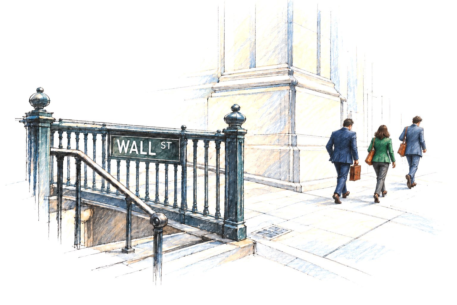 Watercolor sketch of the Wall Street subway entrance