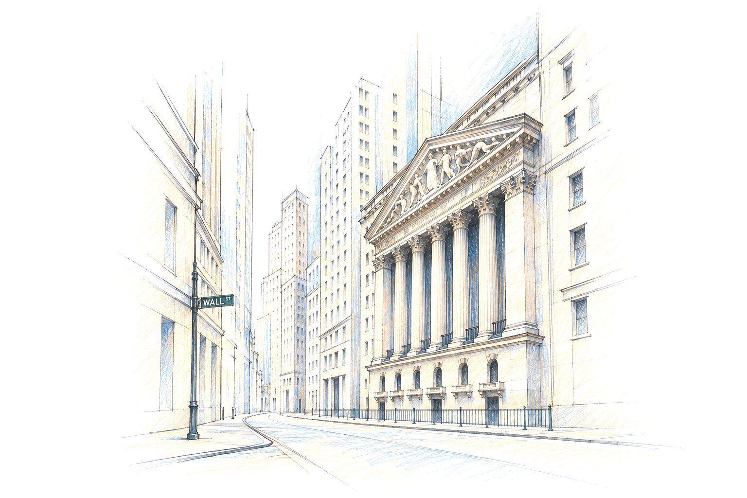 Watercolor sketch of Wall Street and the New York Stock Exchange