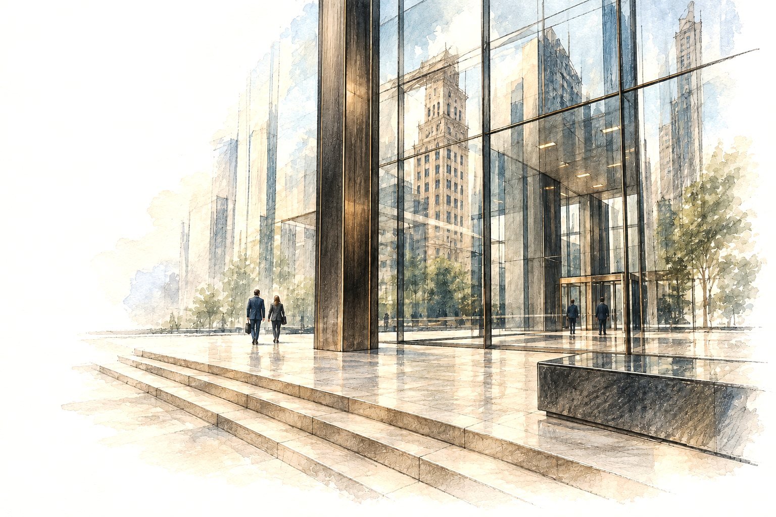 Watercolor of a glass building entrance reflecting the city